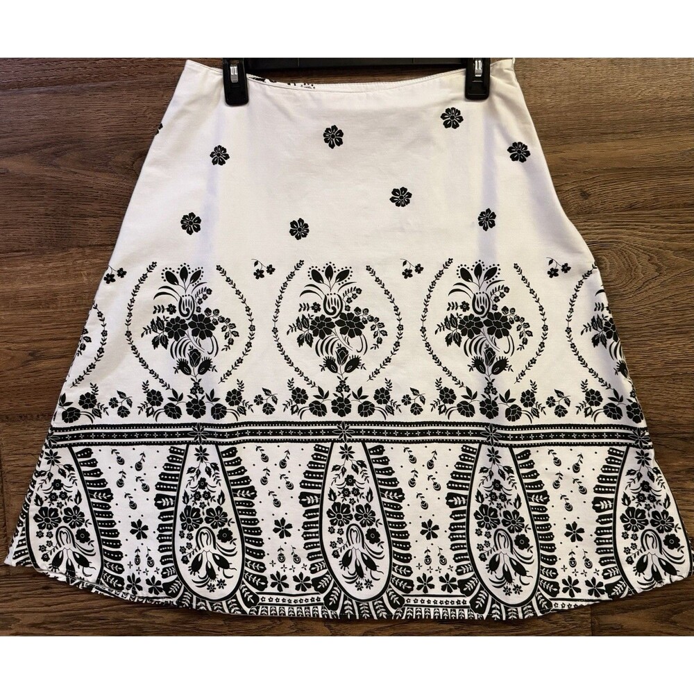 AMI Black White Floral Border Print A-Line Knee Length Skirt Size 10